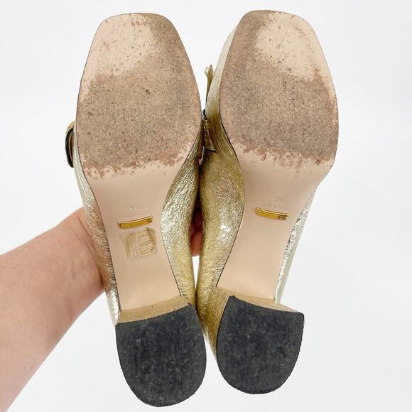 Gucci Gold Metallic Crackled Leather GG Marmont Fringe Platform Heels EU 36 - Picture 15 of 16